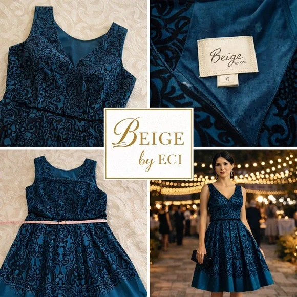 Beige by ECI Teal Black Velvet Scroll A-Line Fit & Flare  Dress Size 6 - Picture 2 of 11